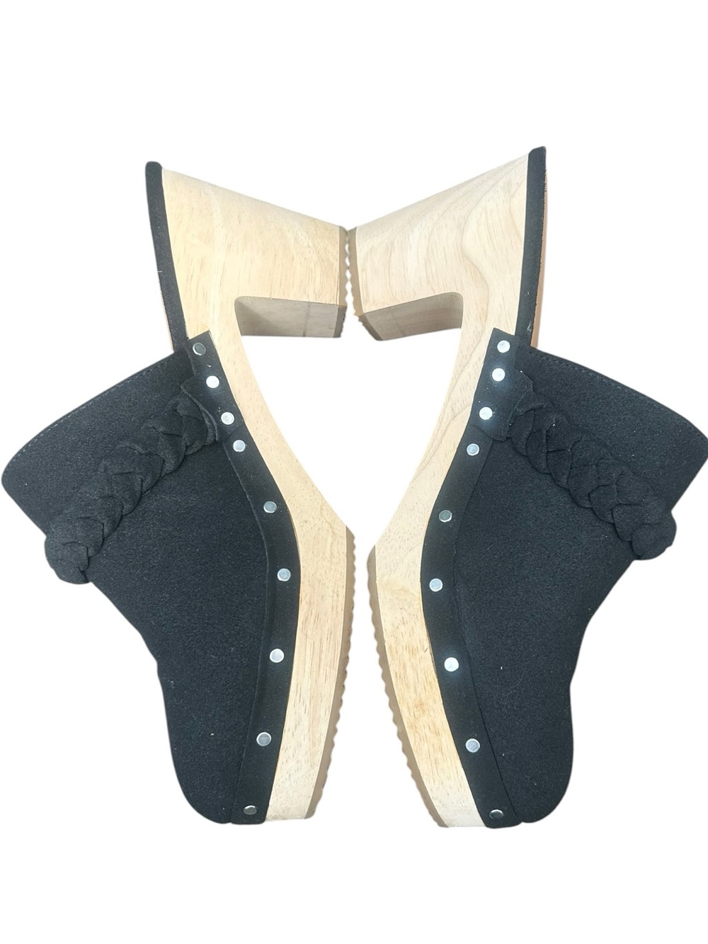 J. Crew Factory Sueded Wooden Platform Clogs 8.5 Boho Slip on Studded Braided - Picture 3 of 12
